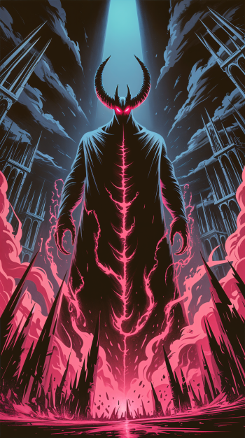 Phone wallpaper of a towering horned demon with glowing red eyes and jagged pink energy veins, standing amid gothic spires and swirling magenta smoke under a beam of blue light.