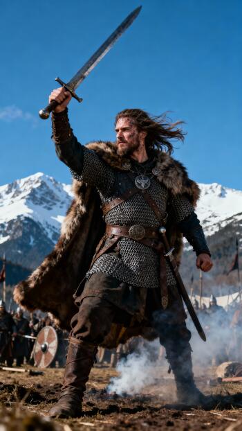 Phone wallpaper of a bearded warrior in chainmail and fur, sword raised high amid smoke and a snowy mountain battlefield.