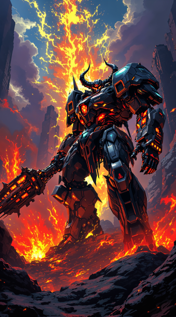 Phone wallpaper showing a towering horned battle-mech with glowing orange cores, wielding a lava-forged weapon amid erupting volcanic flames.