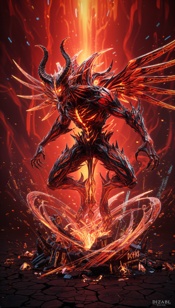 Diablo phone wallpaper: horned, winged demon of molten rock and fire, hovering above a flaming rune circle on cracked earth, veins glowing with lava and embers scattering around.