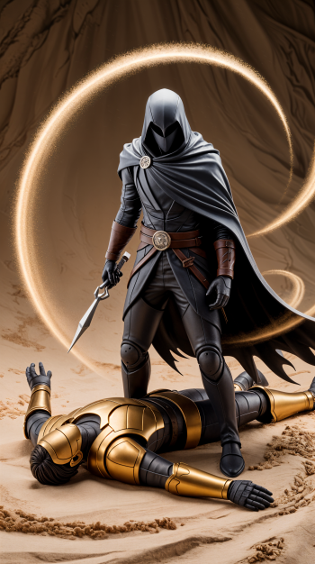 Phone wallpaper showing a hooded, cloaked assassin with a dagger standing over a fallen golden-armored warrior amid a swirling desert sand vortex.