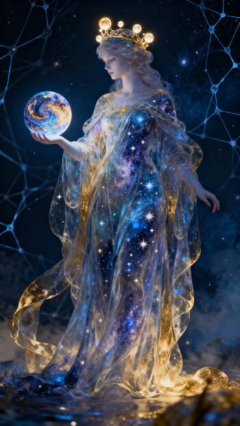 Phone wallpaper: a cosmic goddess in a translucent, star-filled gown and glowing crown, gently holding a swirling miniature galaxy in her hand.