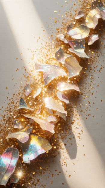 Phone wallpaper showing iridescent shell-like shards and scattered gold glitter along a sunlit diagonal, warm shimmering highlights and soft shadows.