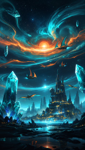 Space fantasy phone wallpaper: glowing crystal city rising from reflective waters as teal-and-orange nebula swirls around a bright star, with sailing starships drifting through the sky.