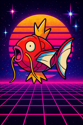 Phone wallpaper: neon-retro Magikarp (Pokémon) floating above a magenta grid with a striped sunset and starry night sky.