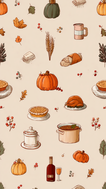 Aesthetic minimalist Thanksgiving phone wallpaper pattern of hand-drawn pumpkins, pies, roast turkey, bread, mug, wheat and berries on warm beige background.