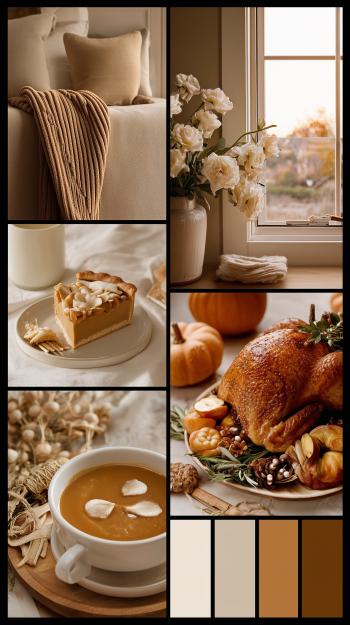 Aesthetic beige Thanksgiving collage phone wallpaper featuring a cozy blanket, window flowers, pumpkin pie, creamy soup, roasted turkey and a warm neutral color palette.