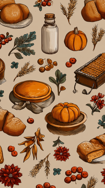 Phone wallpaper illustration: warm aesthetic Thanksgiving holiday pattern with pumpkins, pie, corn, bread, berries, a milk bottle and autumn sprigs on a beige background.