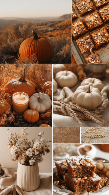Phone wallpaper aesthetic collage of pastel Thanksgiving scenes: pumpkins, baked treats, neutral florals and wheat in warm autumn tones.