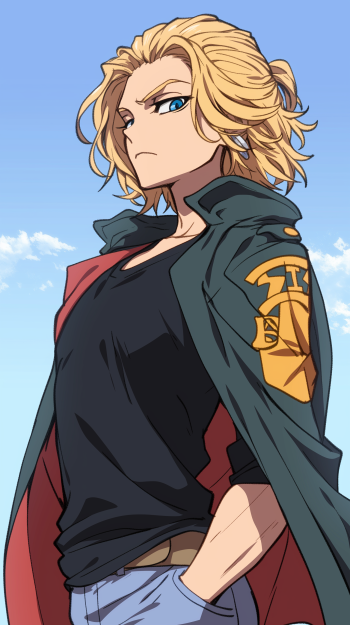 Phone wallpaper showing Manjiro Mikey Sano from Tokyo Revengers — blonde hair, confident stare, green jacket draped over shoulders, one hand in pocket against a blue sky.