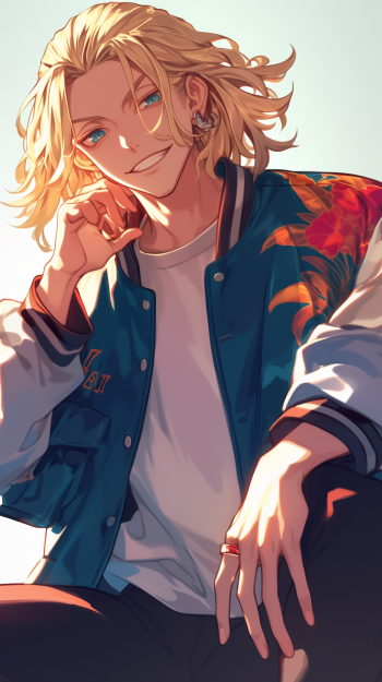 Phone wallpaper of Mikey (Manjiro Sano) from Tokyo Revengers: smiling blonde anime boy in a floral varsity jacket, relaxed pose and bright blue eyes.