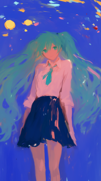Painterly phone wallpaper of Hatsune Miku: blue-toned anime girl with flowing twin tails, white blouse, teal tie and dark skirt against a vivid blue, painterly star-filled sky.