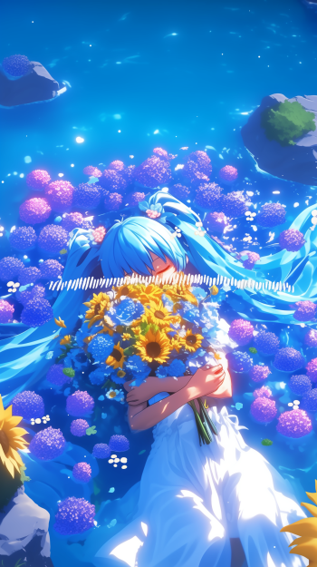 Phone wallpaper of Hatsune Miku: blue-haired anime figure lying among blue blossoms, clutching a bright sunflower-and-blue bouquet beneath a shimmering, sea-like sky.
