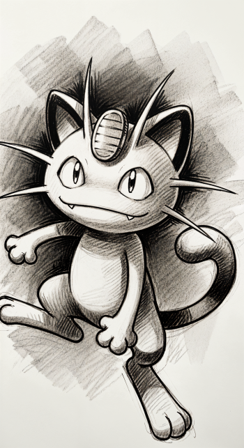 Monochrome pencil sketch of Meowth (Pokémon) in a playful leaping pose, whiskers and signature coin on its forehead prominent — vertical phone wallpaper.
