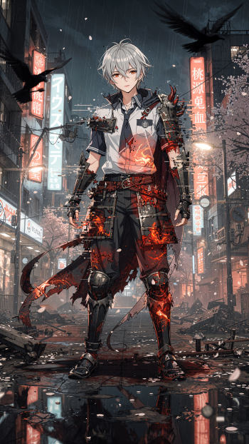 Phone wallpaper: anime white‑haired warrior in torn armor with glowing ember cracks, standing in a rainy neon‑lit Tokyo street, crows overhead and cherry blossoms drifting.