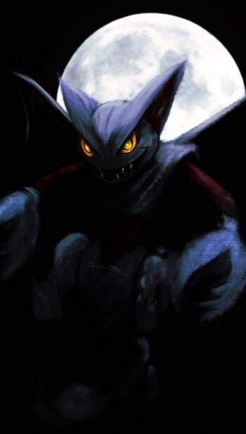 Vertical phone wallpaper: dark anime-style Pokemon Gliscor with glowing yellow eyes emerging from black shadows against a large full moon.