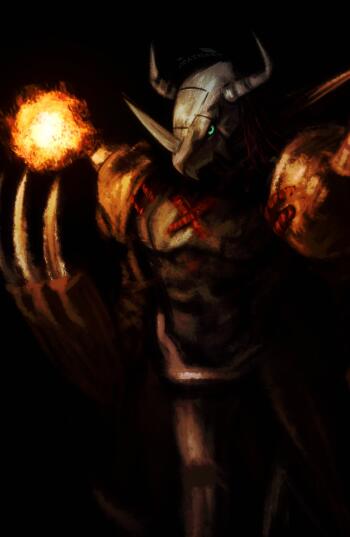 Phone wallpaper of anime Digimon WarGreymon: armored, horned warrior emerging from darkness, a fiery orb in one hand and blazing clawed gauntlet on the other.