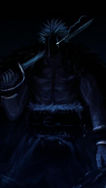 Dark anime phone wallpaper of One Piece’s Rocks D. Xebec as a shadowy, muscular figure gripping a massive sword, blue highlights and lightning accentuating his menacing silhouette.