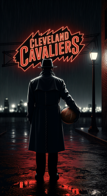 Phone wallpaper of a shadowy figure in a trench coat and fedora holding a basketball beneath a glowing Cleveland Cavaliers neon sign on a rainy, dimly lit city street.