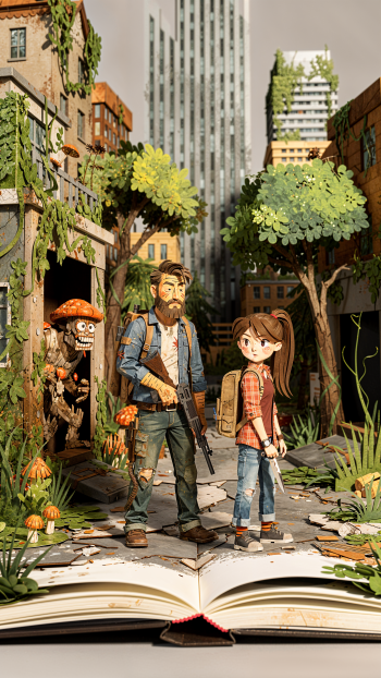 Phone wallpaper — The Last Of Us: stylized Joel and Ellie stand in an overgrown city diorama emerging from an open book; a fungal creature peeks from a doorway.