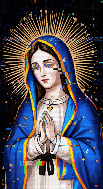 Phone wallpaper of the Virgin Mary in digital glitch art: blue cloak, golden radiating halo, hands clasped in prayer with pixelated and colorful glitch accents on a dark background.