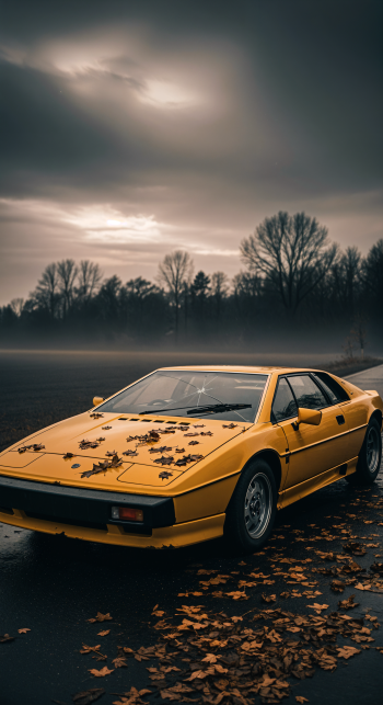 Portrait phone wallpaper of a yellow Lotus sports car parked on a leaf-strewn wet road at dusk, leaves on its hood, misty treeline and moody cloudy sky overhead.