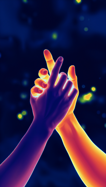 Phone wallpaper Contact: two stylized hands touching fingertips in warm neon/thermal hues against a dark, starry background.