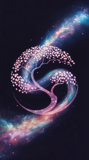 Phone wallpaper with a Japanese logo: a stylized sakura tree forming a swirling yin‑yang of pink blossoms and a cosmic nebula on a dark background.
