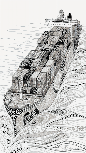Black-and-white patterned container ship illustration sailing through decorative, swirling waves; vertical phone wallpaper with intricate zentangle containers and sea motifs.