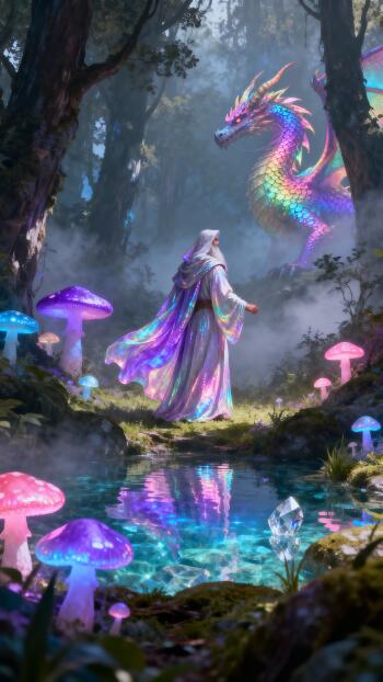 Dungeons & Dragons phone wallpaper: robed spellcaster in an iridescent cloak stands at a glowing forest pool, confronting a rainbow-hued dragon among bioluminescent mushrooms.