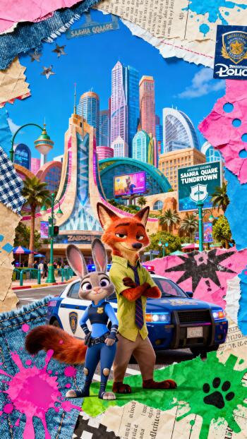 Zootopia phone wallpaper: Judy Hopps and Nick Wilde pose by a police cruiser with the colorful Zootopia skyline behind them, framed by torn-paper collage, stars, paw prints and bright accents.