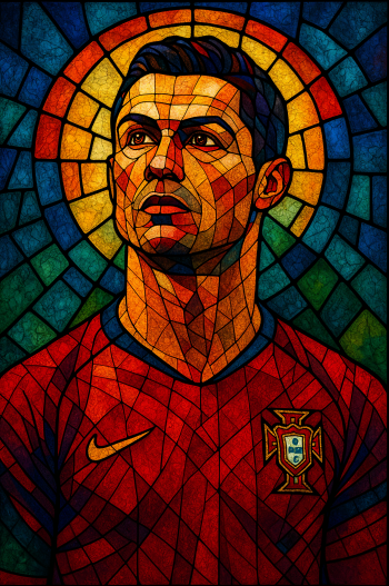 Stained-glass–style portrait of a footballer in Portugal’s red kit with a golden halo, geometric mosaic tiles in deep blues and greens — phone wallpaper.