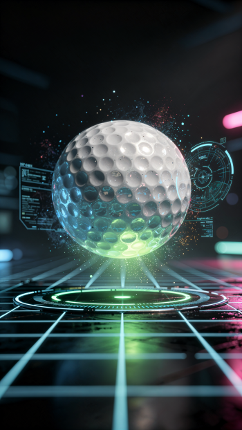 Phone wallpaper of a glowing golf ball hovering above a neon grid with holographic HUD elements and sparkling particles.
