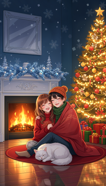 Anime Christmas phone wallpaper: smiling couple cuddled under a red blanket by a roaring fireplace and decorated tree, gifts and a sleeping white cat.