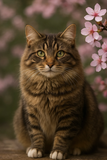AI art phone wallpaper of a brown tabby cat — a feline animal with green eyes — sitting by pink blossoms against a soft bokeh background.