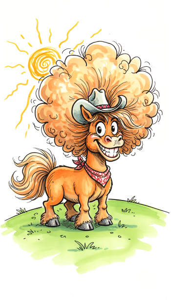Phone wallpaper depicting a cheerful cartoon pony with a giant sunlit afro, cowboy hat and bandana, grinning on a grassy hill beneath a bright yellow sun.