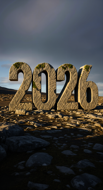 Phone wallpaper tagged 2026: massive weathered stone numerals 2026 standing on a rocky shoreline beneath a moody sky.
