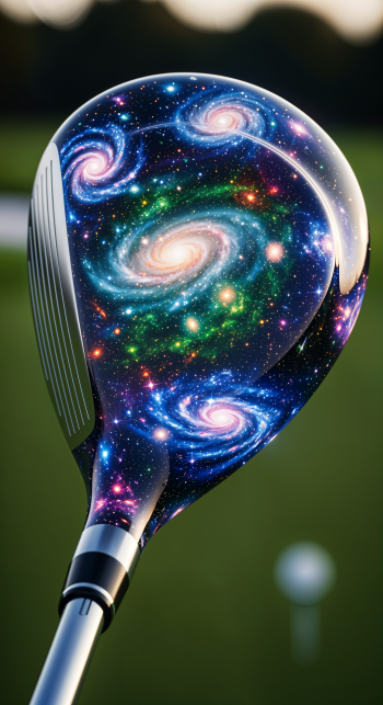 Phone wallpaper showing a golf club head covered in swirling galaxies and colorful stars, with a blurred golf ball and green course in the background.