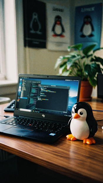 Phone wallpaper showing a cozy desk: laptop with code, a Tux penguin figurine, Linux posters on the wall and a potted plant.