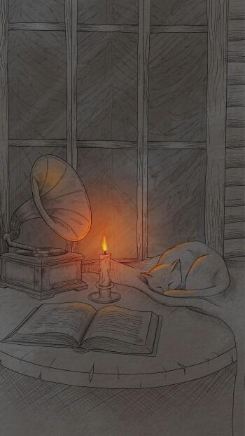 Phone wallpaper digital drawing: a sleeping cat by a candlelit open book and vintage gramophone at a window, warm musical glow.