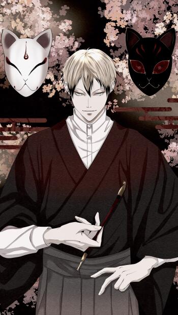 Phone wallpaper of manga character Naoya Zenin (Jujutsu Kaisen): pale-haired figure in a dark kimono holding a brush, flanked by white and black fox masks amid falling cherry blossoms.
