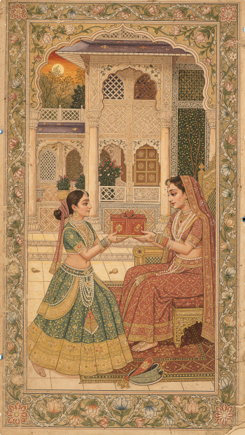 Phone wallpaper of an Indian miniature-style gift-giving scene: a young woman hands a wrapped present to a seated woman in ornate palace attire framed by a floral border.