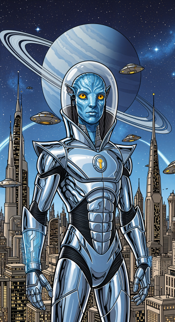 Avatar-style blue-skinned alien in a reflective silver spacesuit stands before a neon-lit futuristic city with a ringed planet and hovering saucers — phone wallpaper.