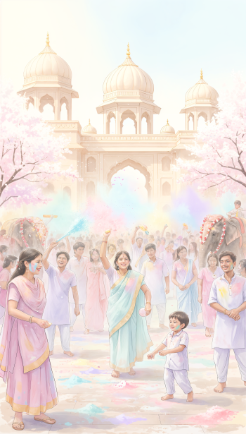 Phone wallpaper: pastel Holi celebration with families tossing colored powder in front of a grand domed temple, flowering trees and decorated elephants creating a festive, airy scene.