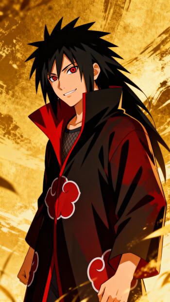Phone wallpaper of Madara Uchiha in an Akatsuki cloak, red Sharingan eyes and spiky black hair set against a fiery gold background.