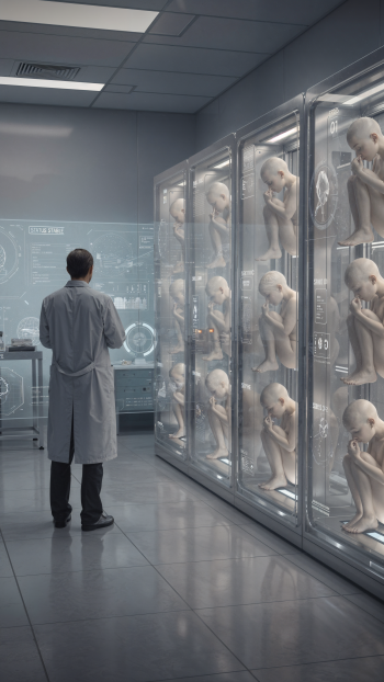 Phone wallpaper of a sterile lab where a scientist studies human cloning: rows of fetal clones suspended in glass pods with faint holographic displays and clinical lighting.