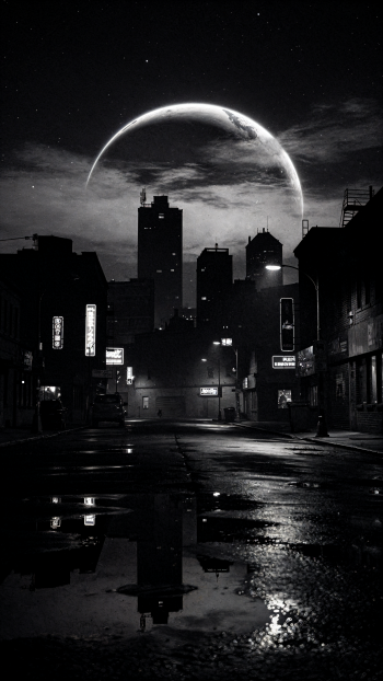 Phone wallpaper showing a noir city street with wet reflections and silhouetted skyline, a dramatic planet rise filling the starlit sky above the buildings.