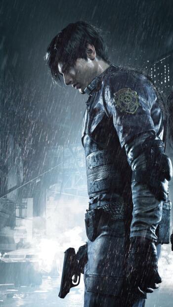 Dark phone wallpaper from the Resident Evil video game: Leon S. Kennedy in pouring rain, head bowed, handgun at his side, RPD badge visible against blurred city lights.