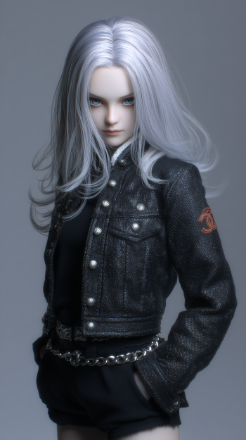 Dragon Ball mobile phone wallpaper: silver‑haired anime character with icy teal eyes, wearing a studded black leather jacket and chain belt, posed against a soft gray background.