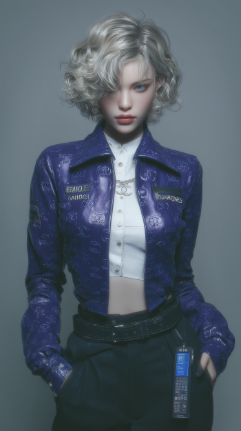 Dragon Ball mobile phone wallpaper showing a stylized silver-haired woman with a curled bob, purple embossed jacket over a cropped white top, hands in pockets against a muted gray background.